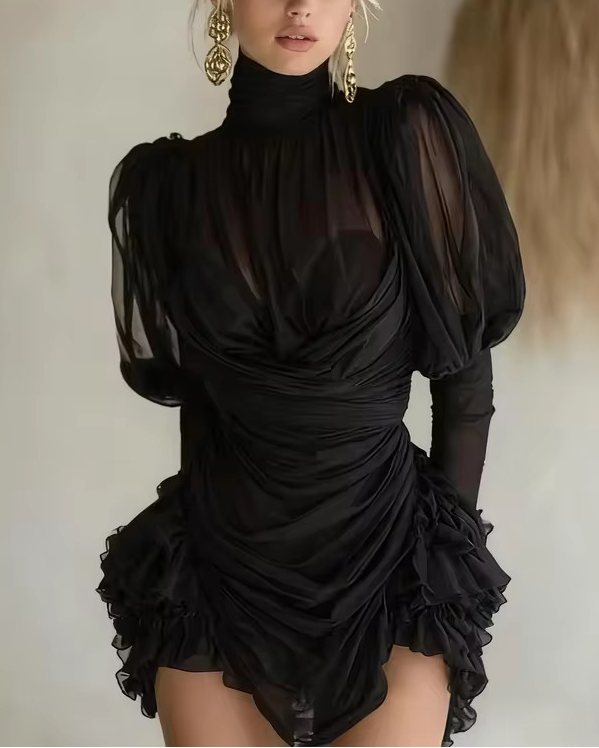 Black High Neck Sheer Puff Sleeve Ruched Mini Dress