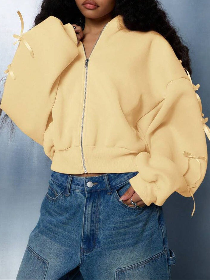 Embroidered Side Bow Zip Up Hoodie