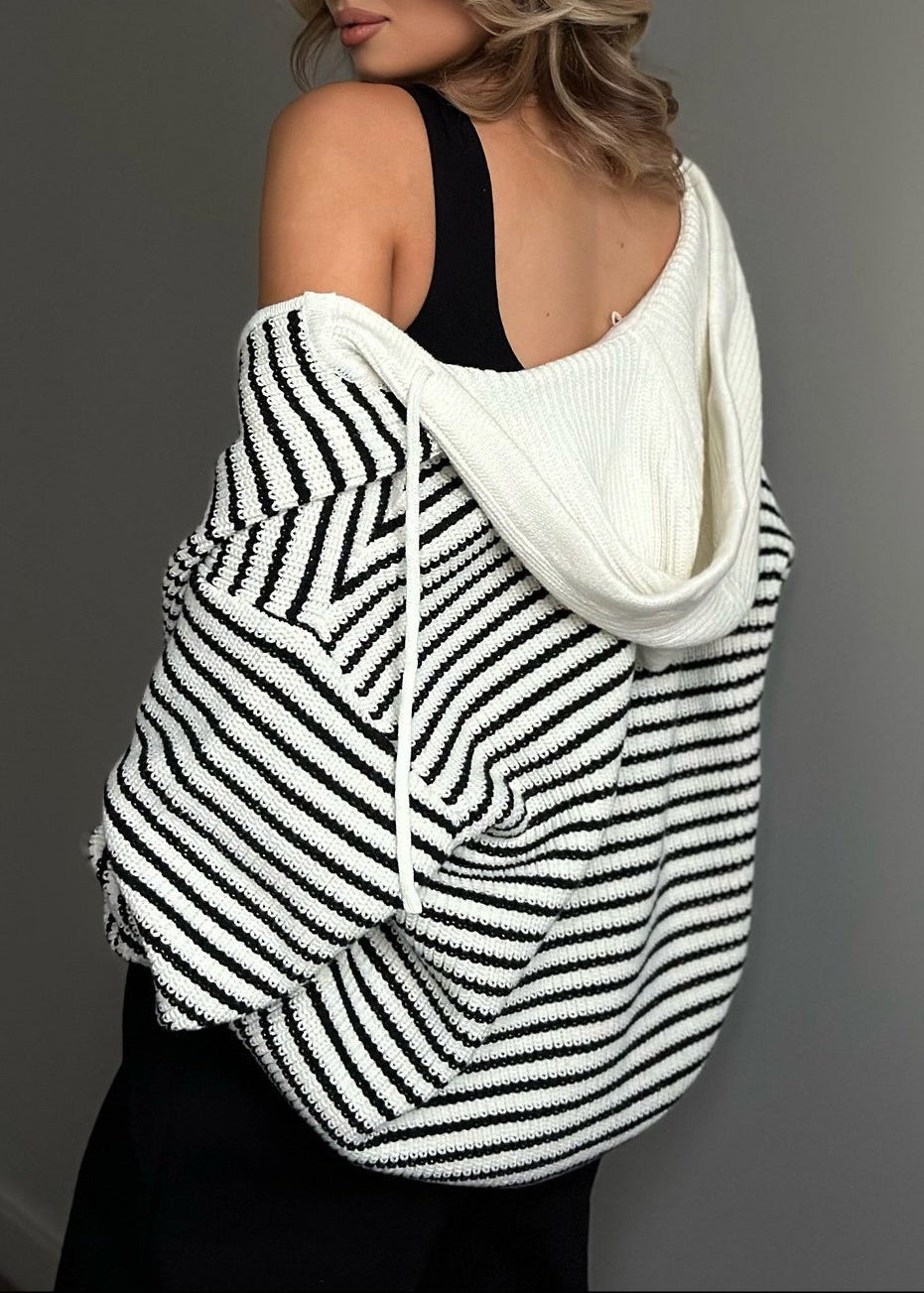 Retro Color Block Loose Zip Knit Cardigan
