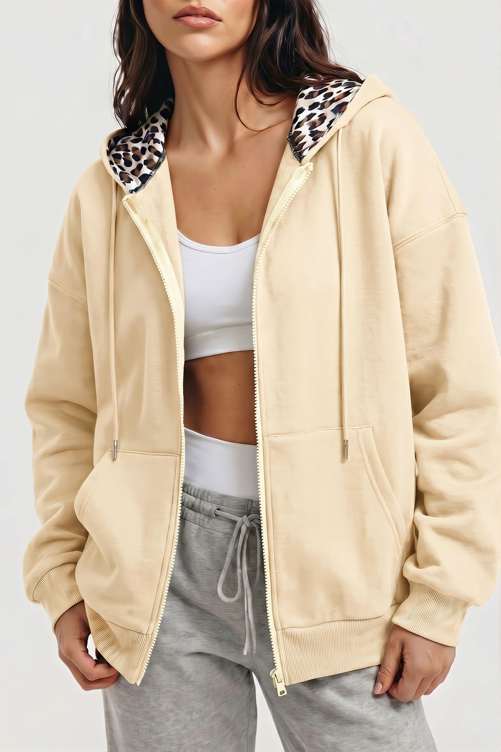 Leopard Lined Oversized Zip Hoodie
