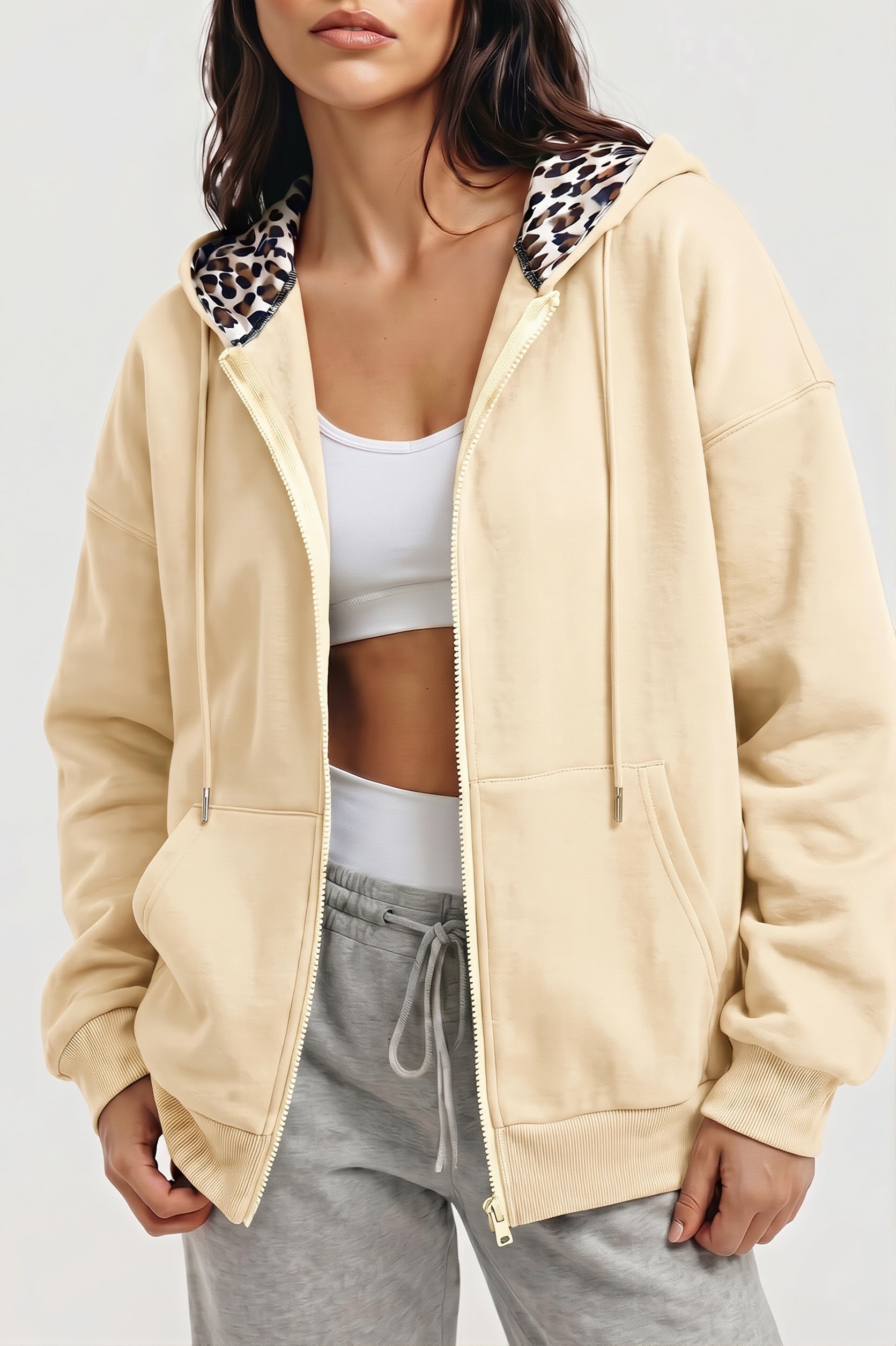 Leopard Lined Oversized Zip Hoodie