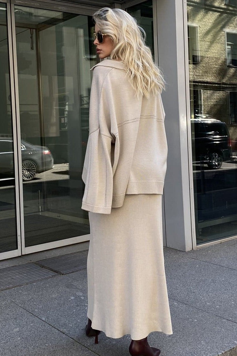 V Neck Sweater Midi Skirt Knit Set