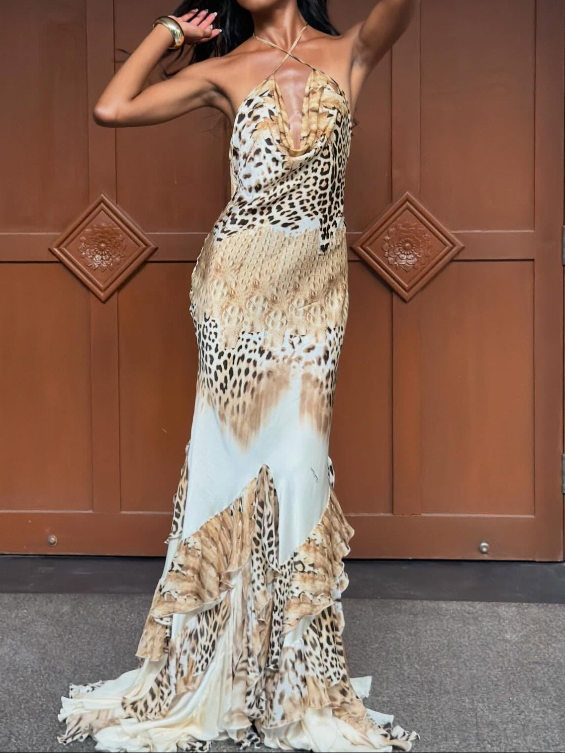 Vintage American Leopard Print Halter Backless Ruffle Mermaid Maxi Dress | Y2K Sexy Evening Gown