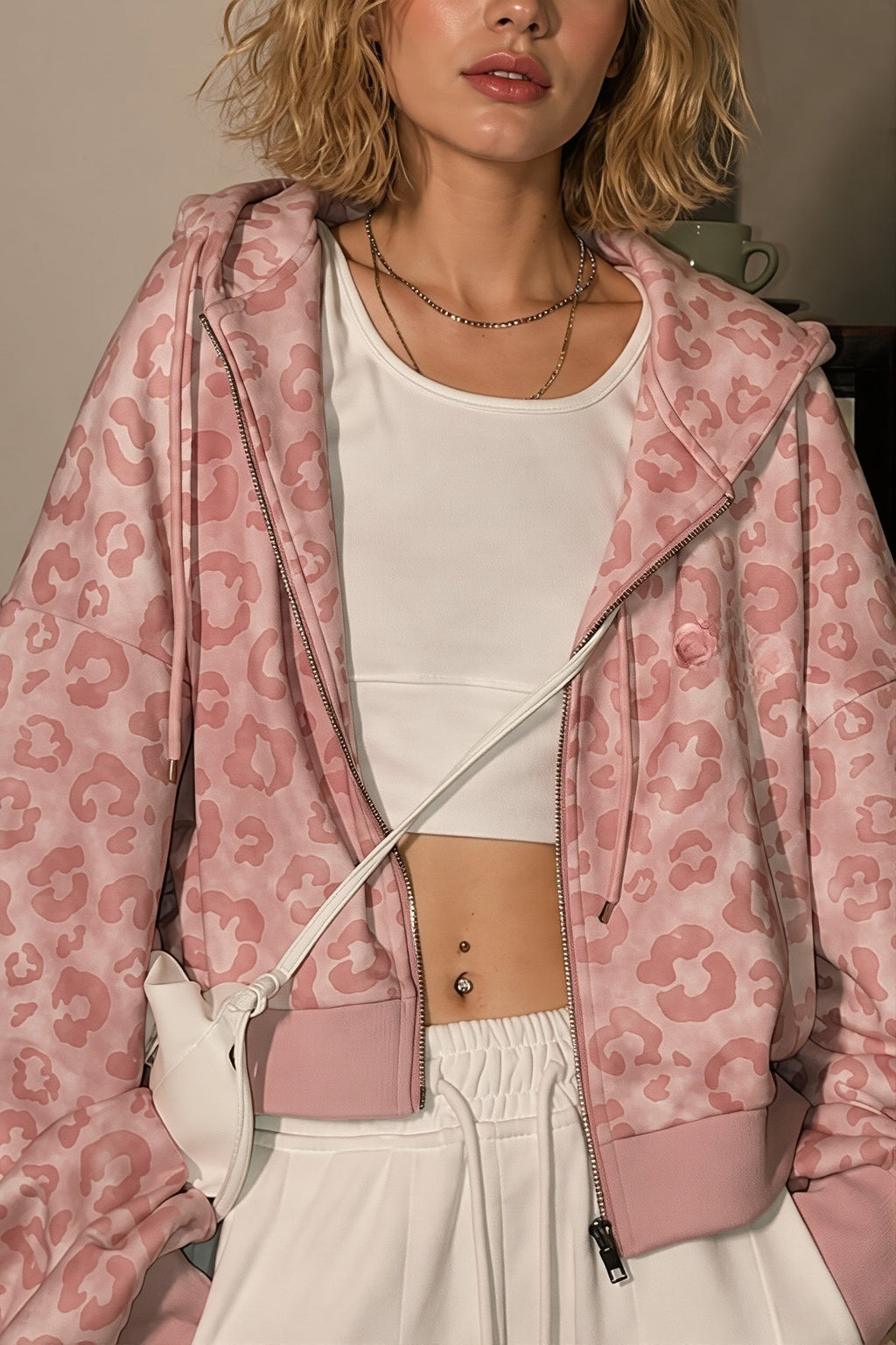 Pink Leopard Print Cropped Zip Hoodie