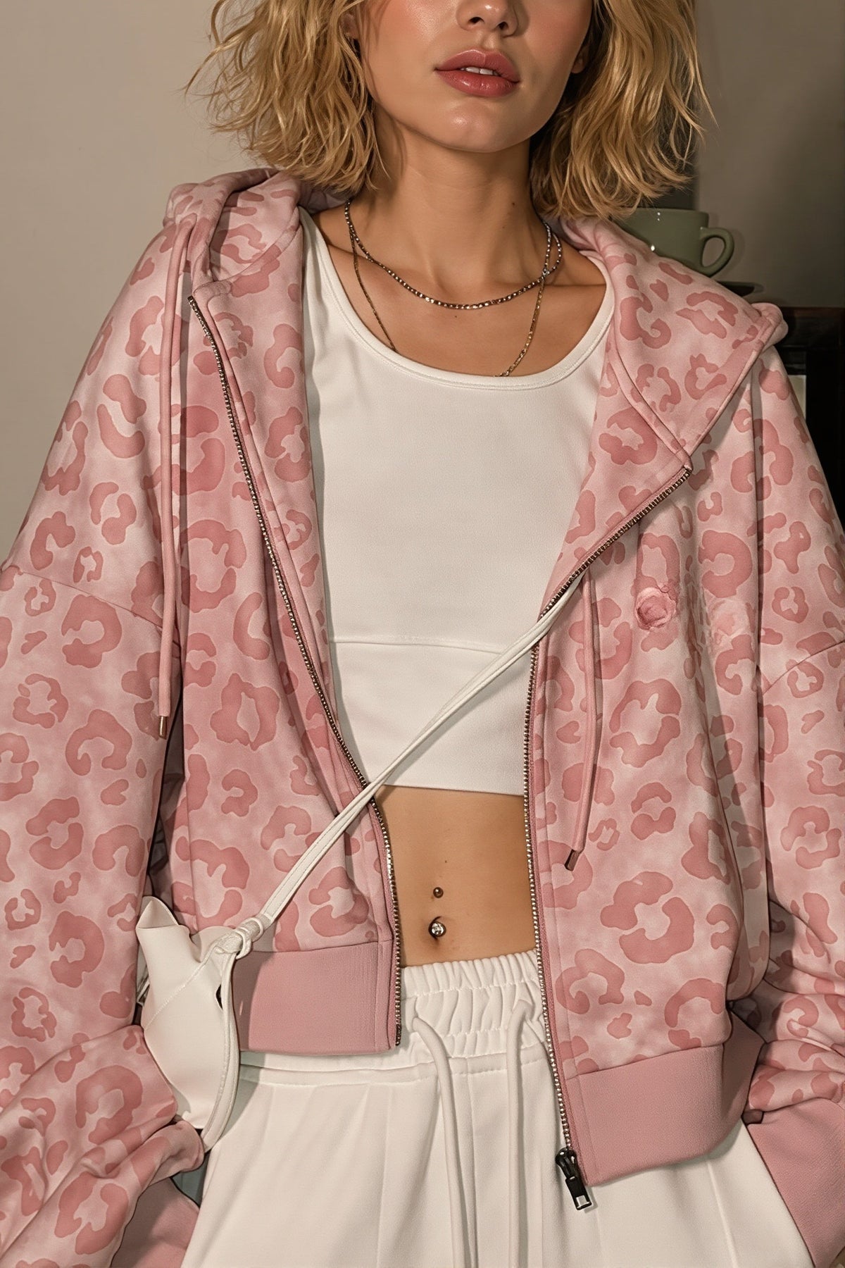 Pink Leopard Print Cropped Zip Hoodie