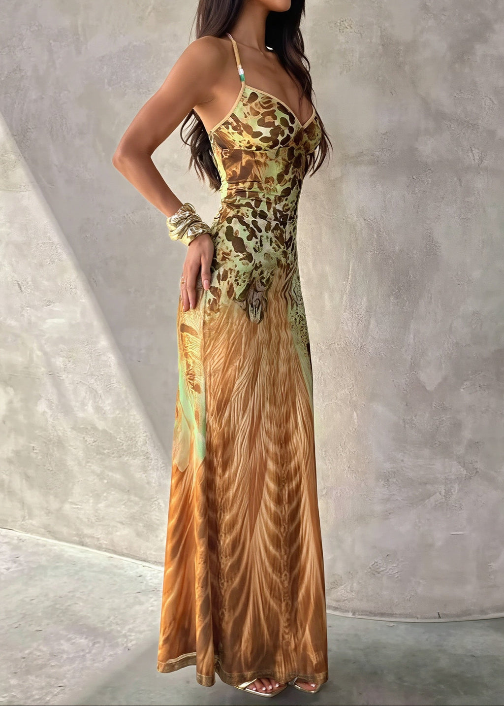 Printed V Neck Cami Slim Bodycon Maxi Dress