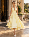 Halter Plunge Open Back Layered A-Line Midi Dress