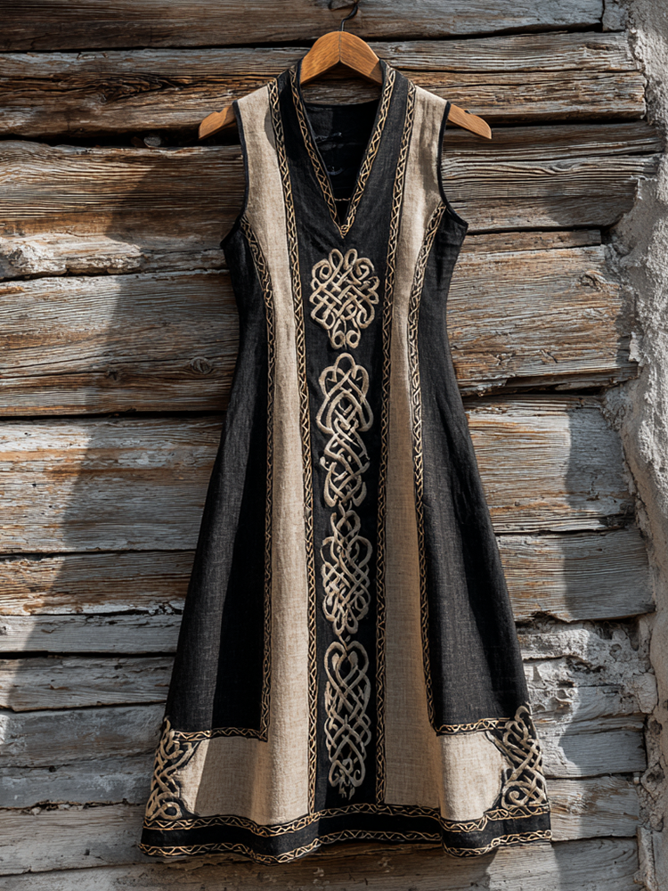 Women's Celtic Embroidered Patch Linen V-neck Vest Midi Dress