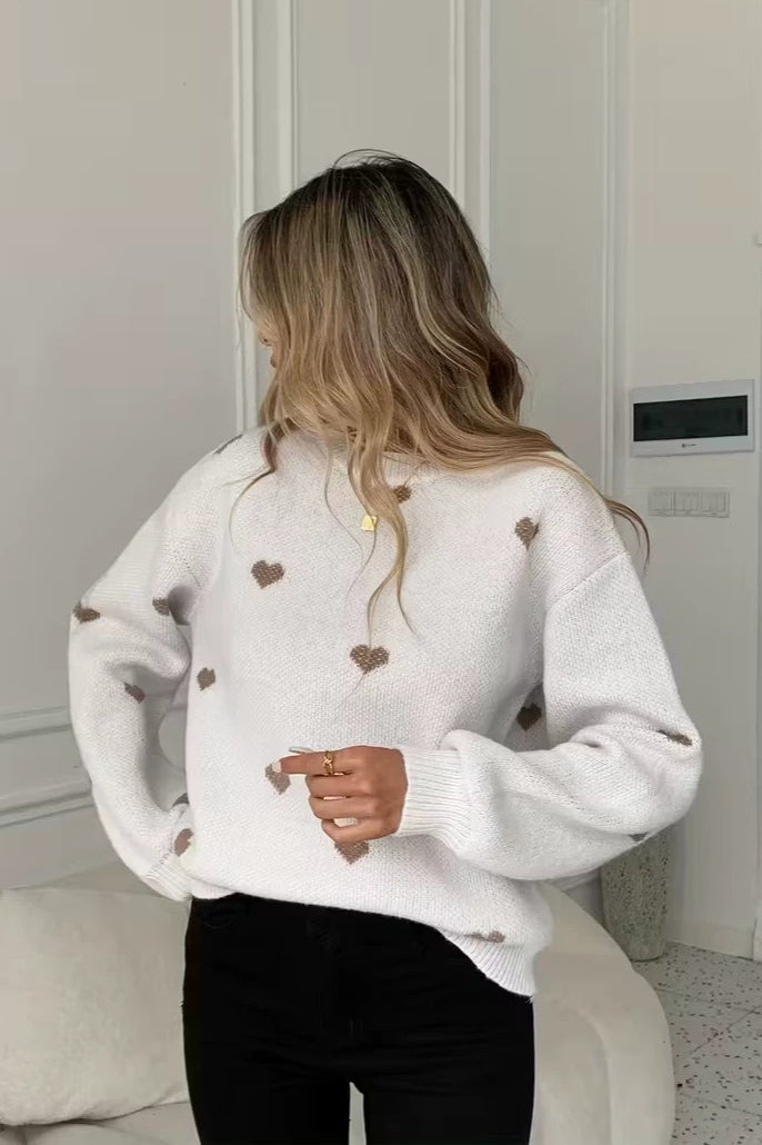 Heart Motif Crew Neck Relaxed Knit Sweater