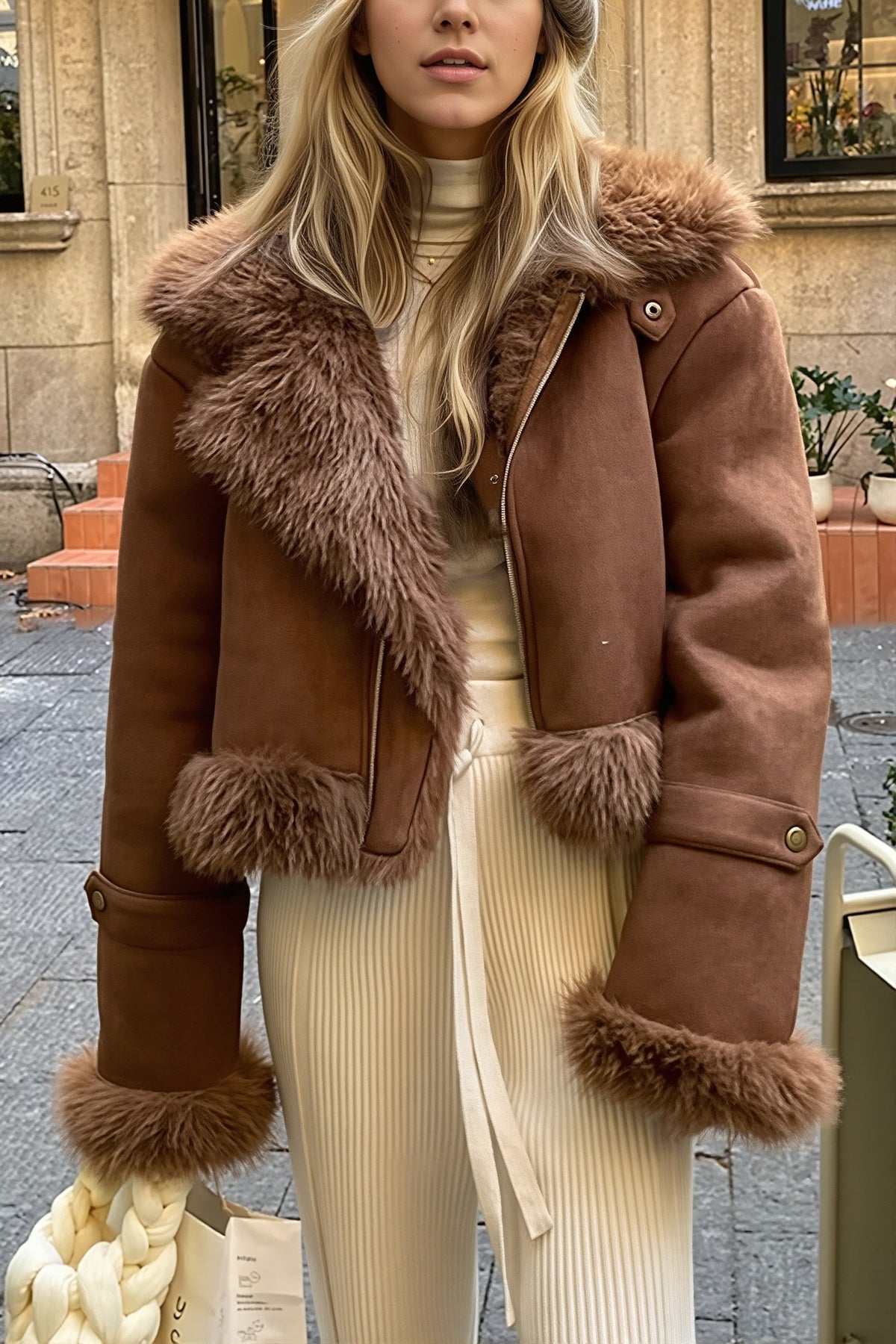 Oversized Fur Collar Suede Look Coat