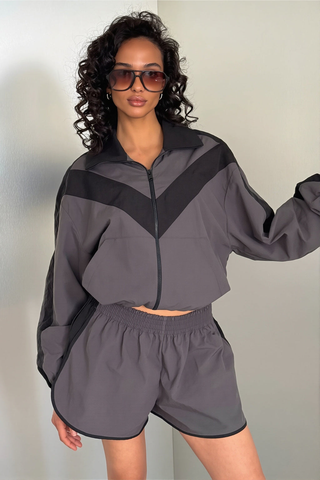 Color Block Windbreaker and Runner Shorts Set