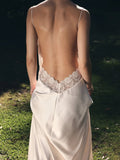 Spaghetti Strap V-Neck Lace Trim Open Back High Slit Satin Maxi Slip Dress