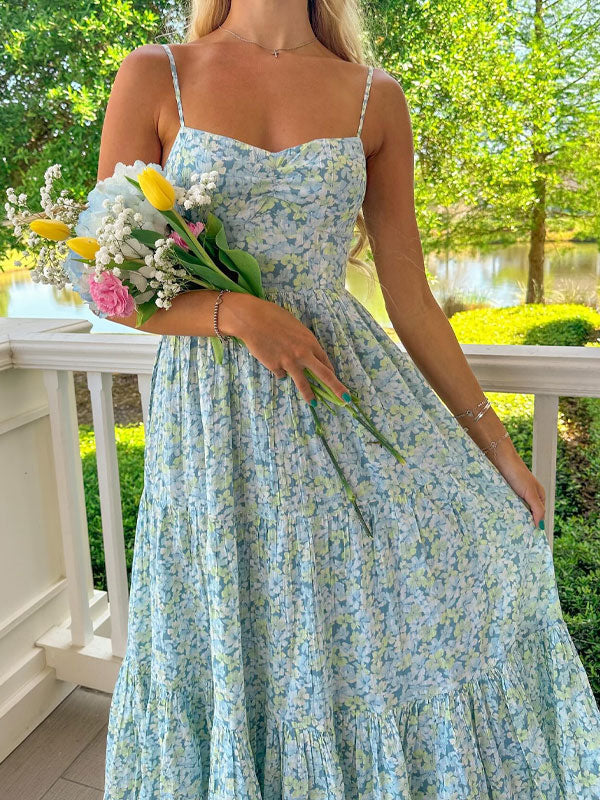 Thin straps printing maxi dress