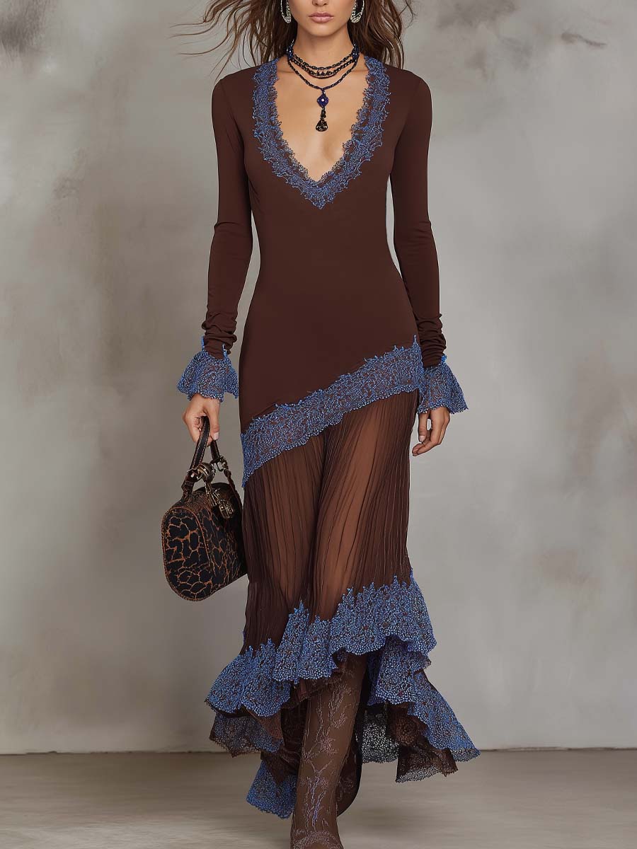 Retro Sheer Pleated Hem Lace Trim Midi Dress