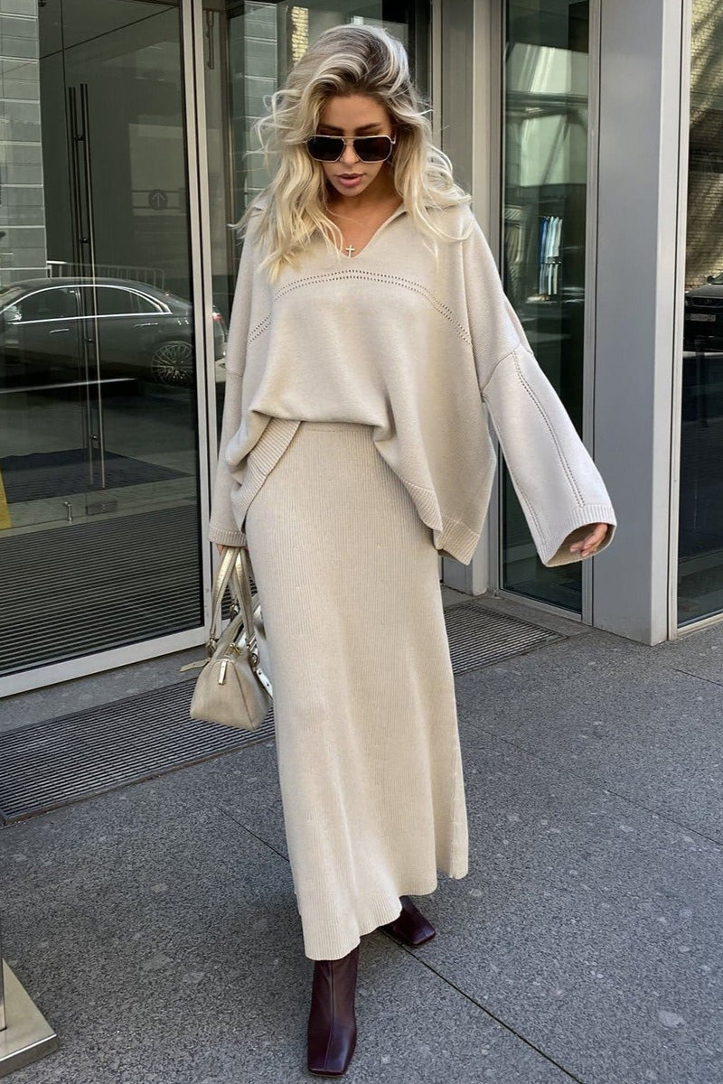 V Neck Sweater Midi Skirt Knit Set