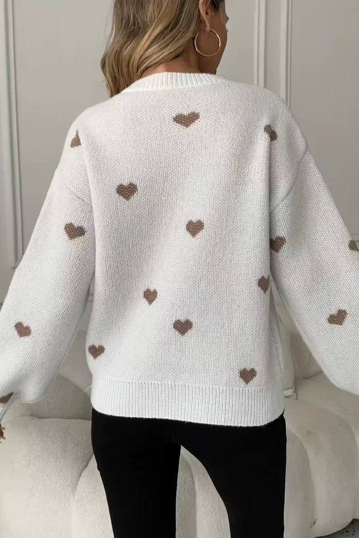 Heart Motif Crew Neck Relaxed Knit Sweater