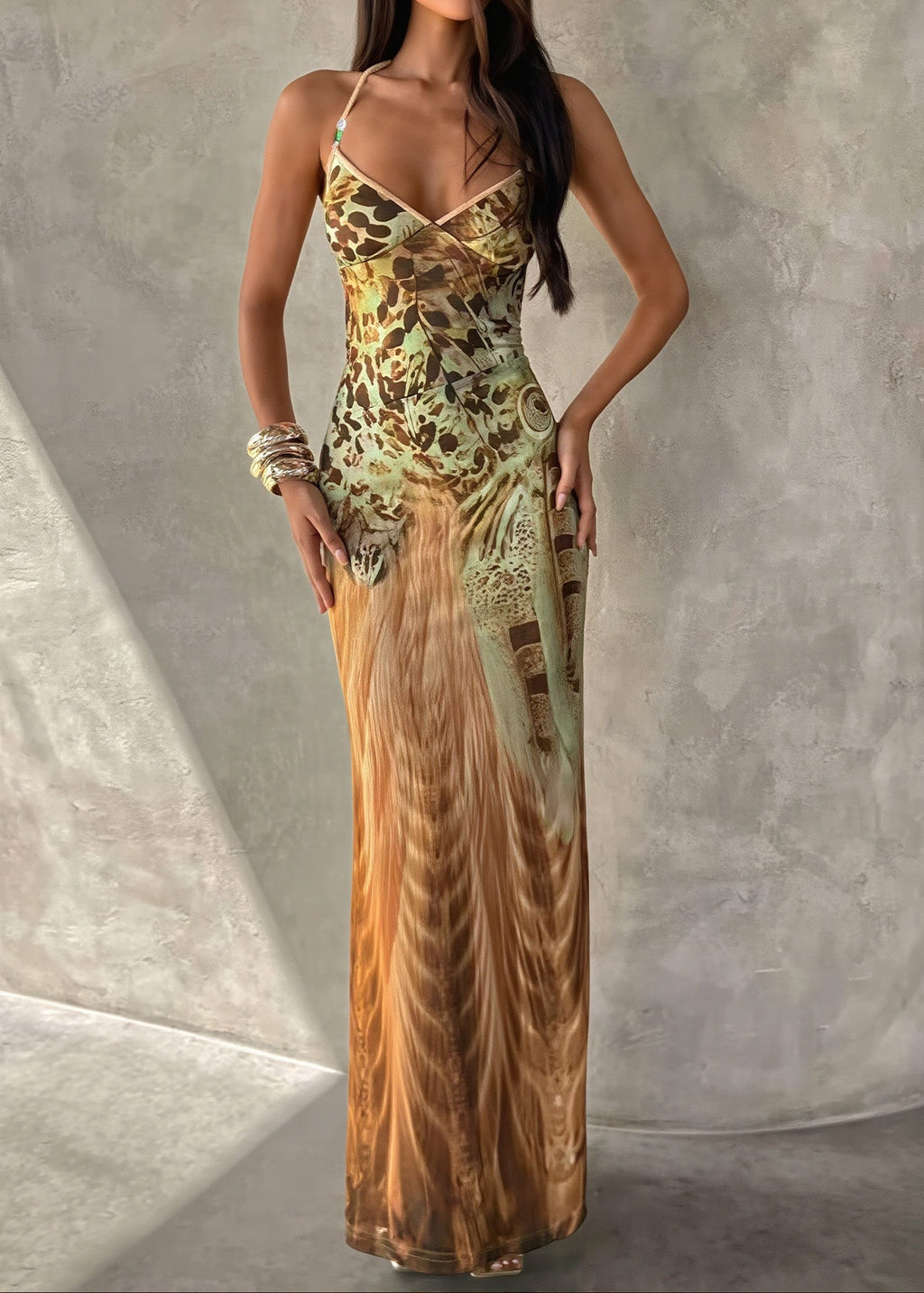 Printed V Neck Cami Slim Bodycon Maxi Dress