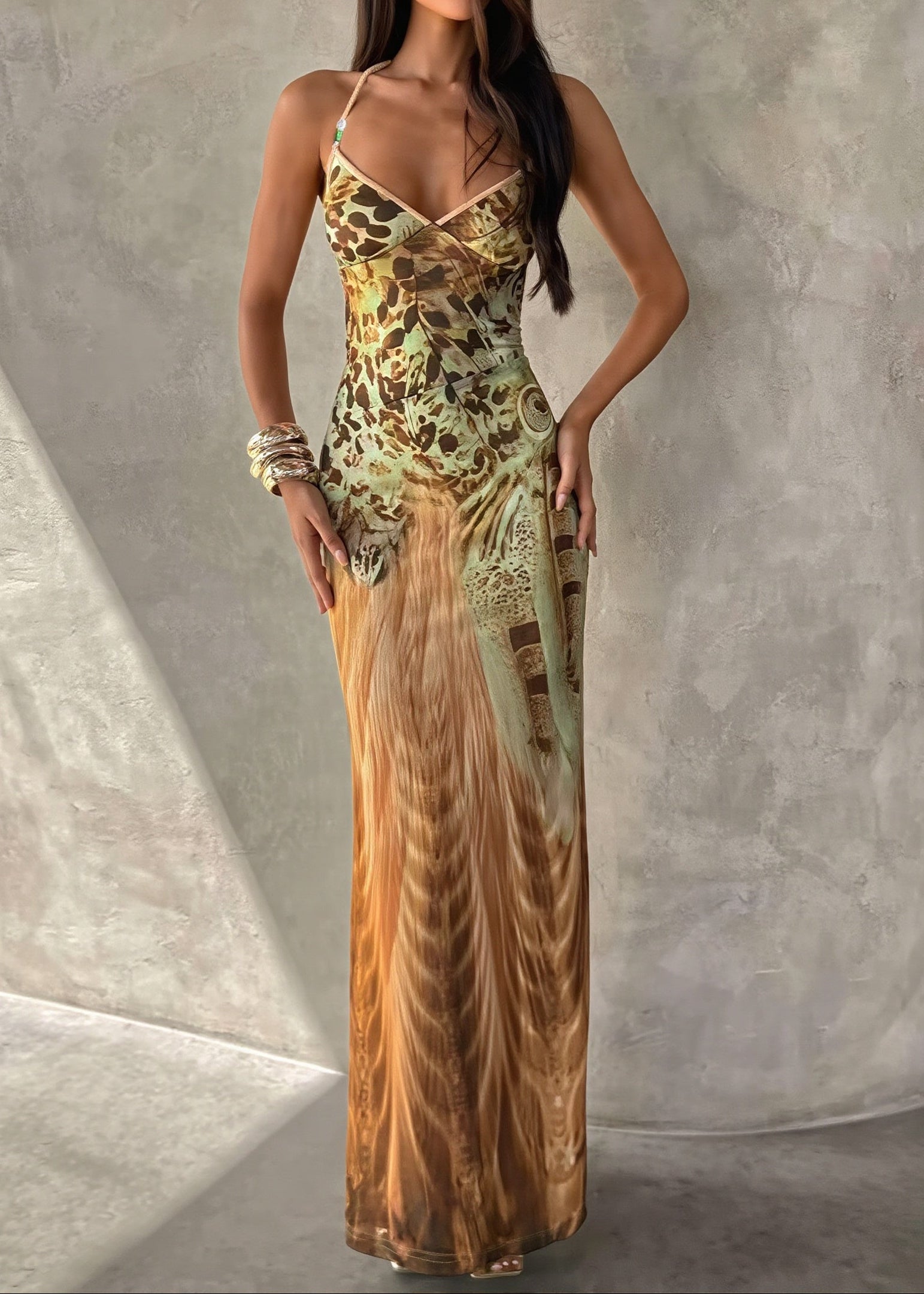 Printed V Neck Cami Slim Bodycon Maxi Dress