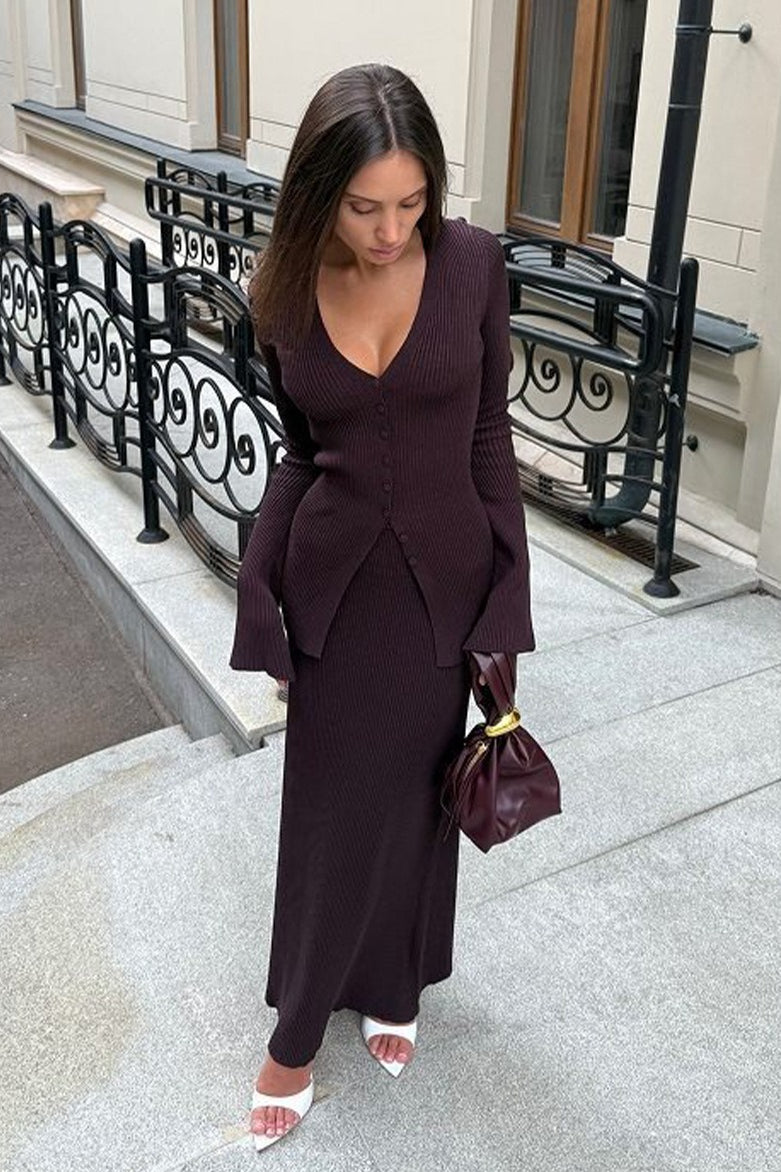 Ribbed V Neck Cardigan Maxi Skirt Set