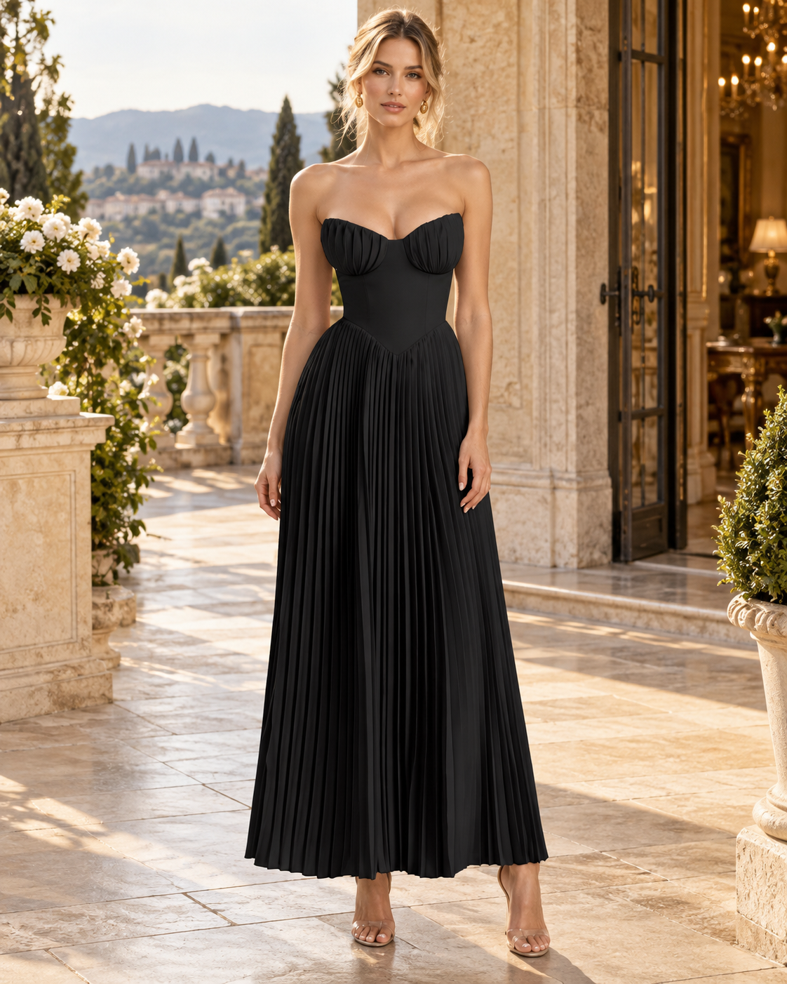 Sweetheart Strapless Pleated A-Line Maxi Dress
