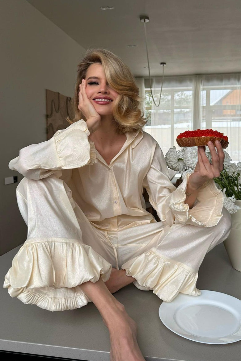 Ruffle Button Pajama Top Wide Leg Pants Set