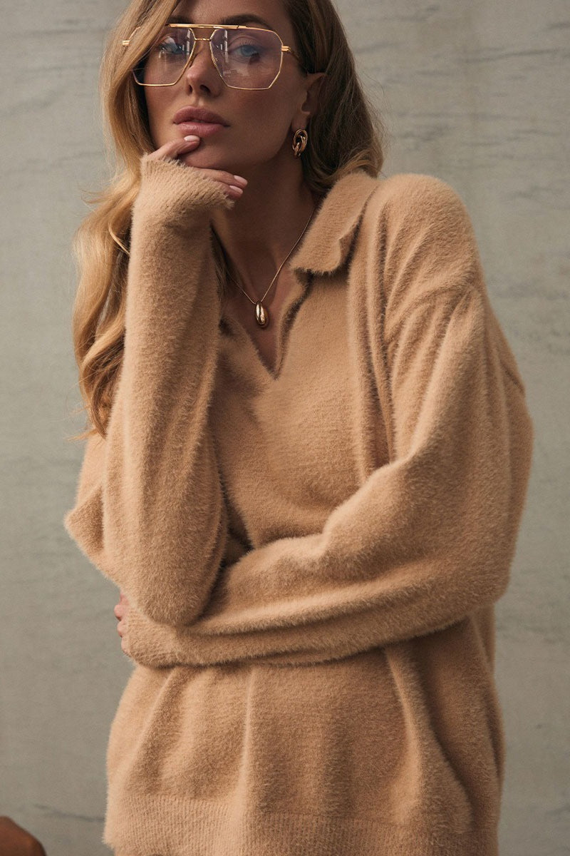 Faux Fur Polo Sweater Wide Leg Pants Set