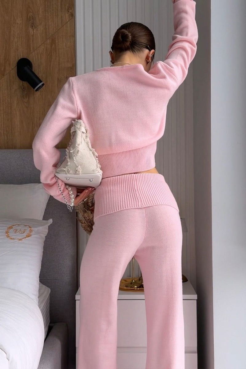 Cropped Knit Cardigan Wide Leg Pants Set