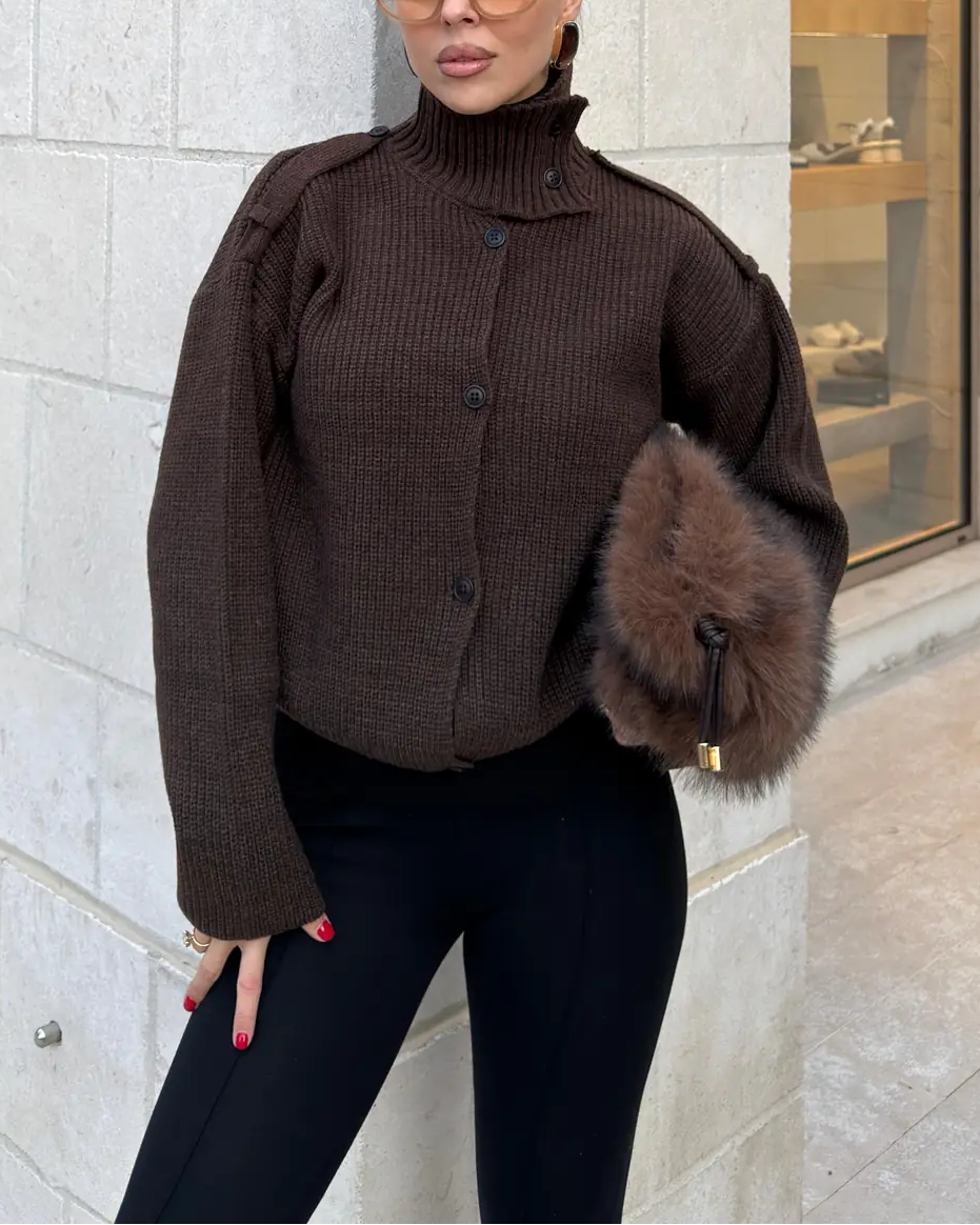 Double-Breasted Button Turtleneck Oversized Knit Sweater