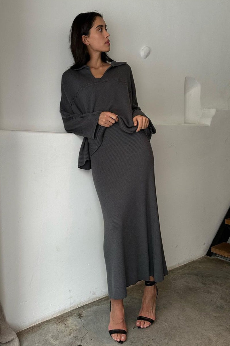 V Neck Sweater Midi Skirt Knit Set