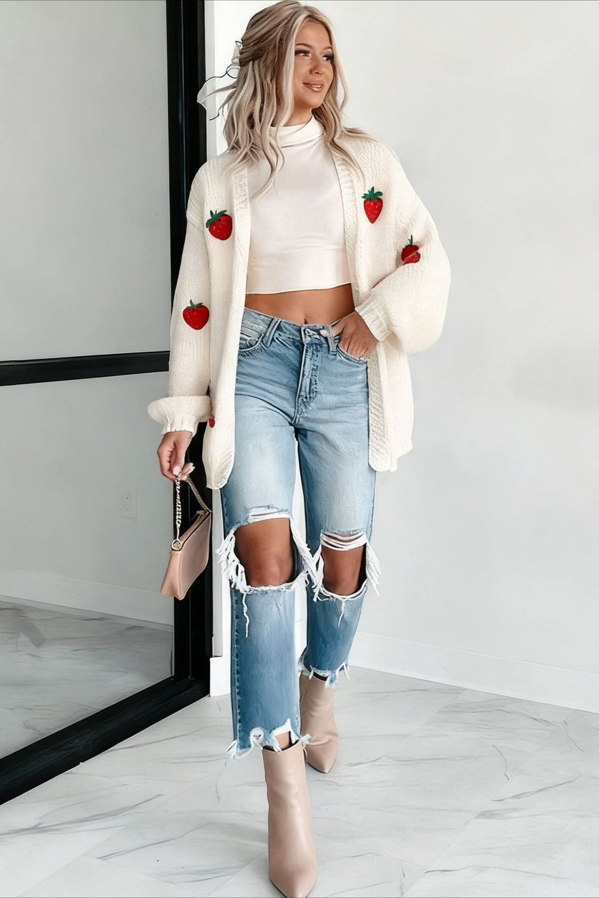 Pumpkin Embroidered Open Front Knit Cardigan