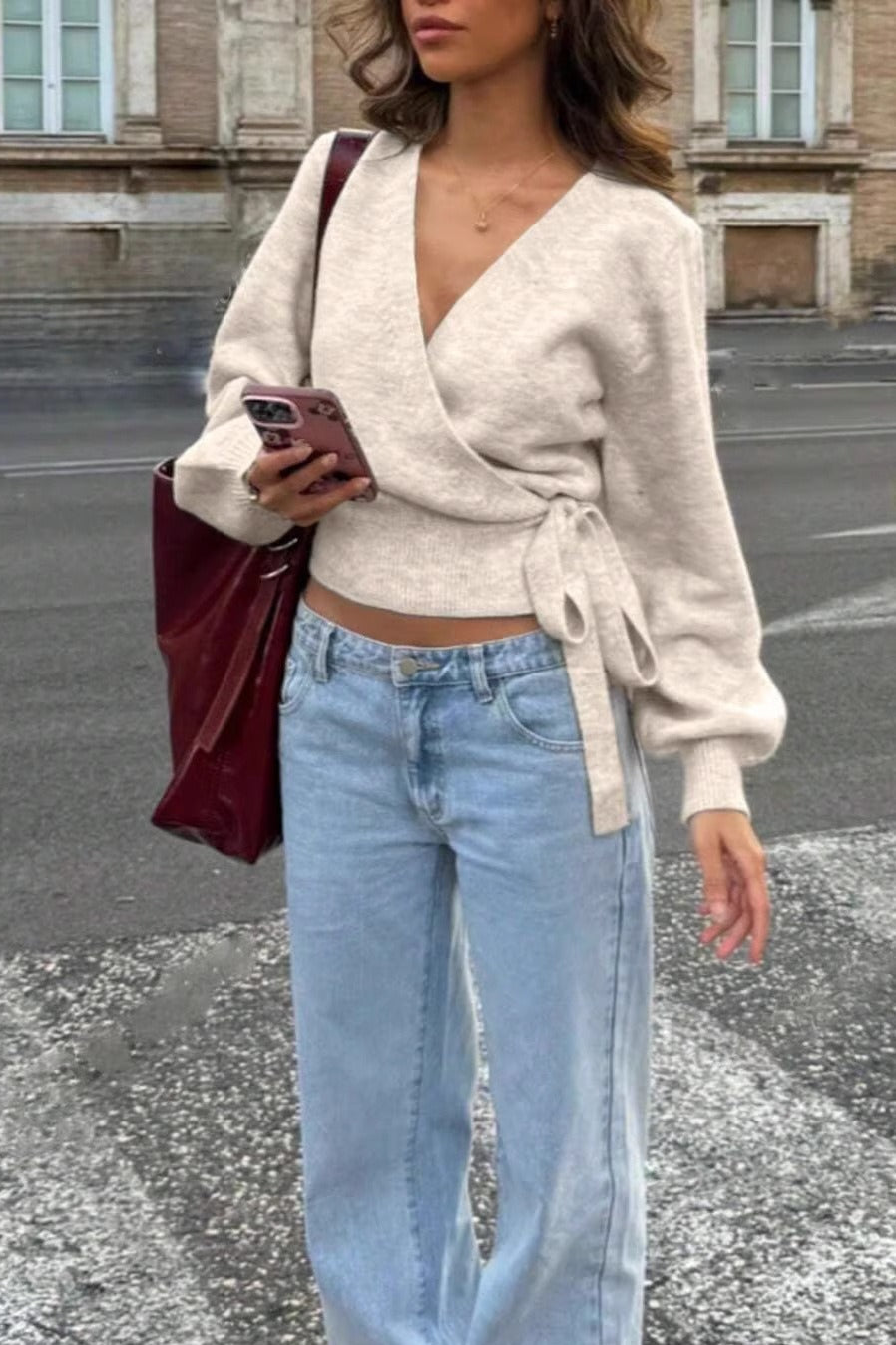 Wrap Tie V Neck Cropped Sweater