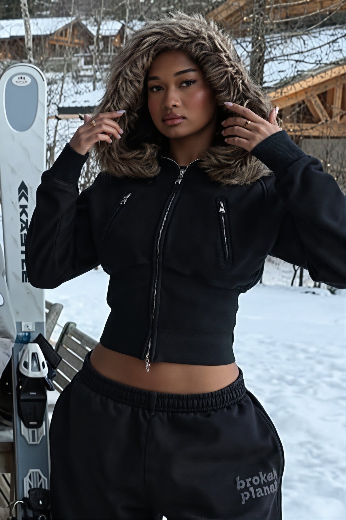 Faux Fur Trim Fitted Cropped Zip Hoodie