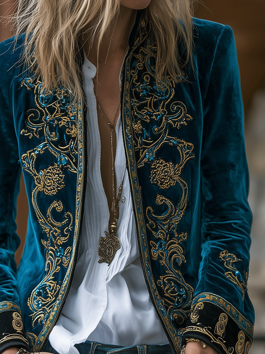 Boho Royal Teal Velvet Embroidered Luxe Jacket