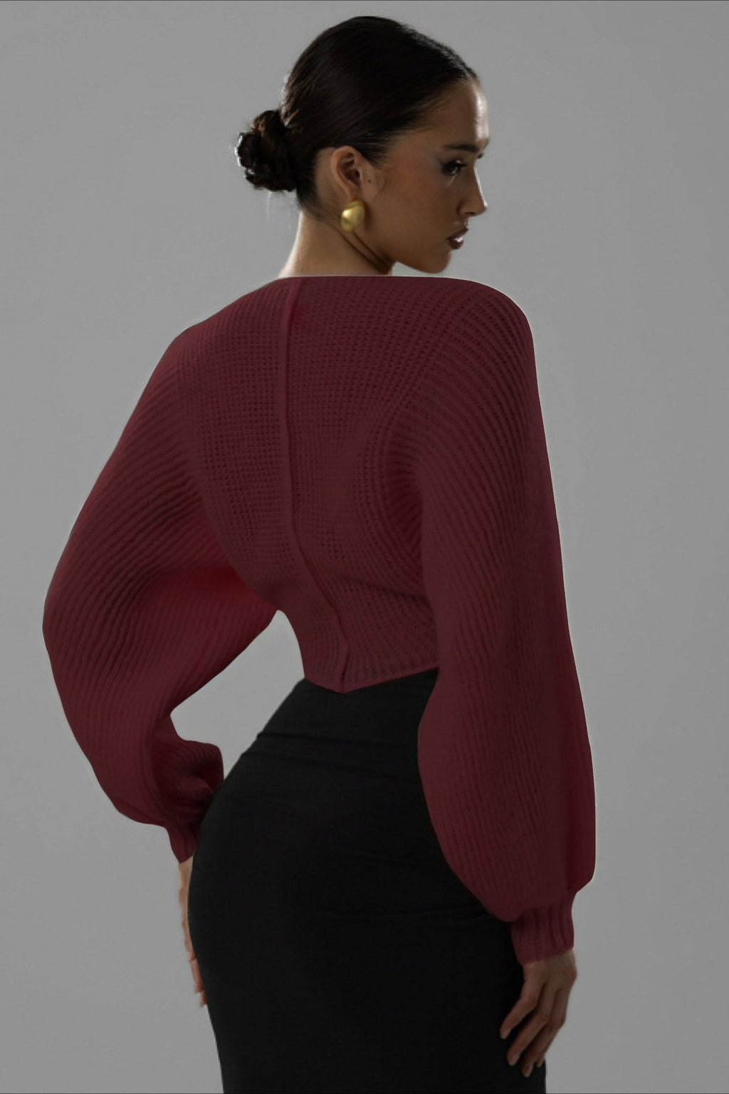 Twist Front Cropped V Neck Knit Sweater