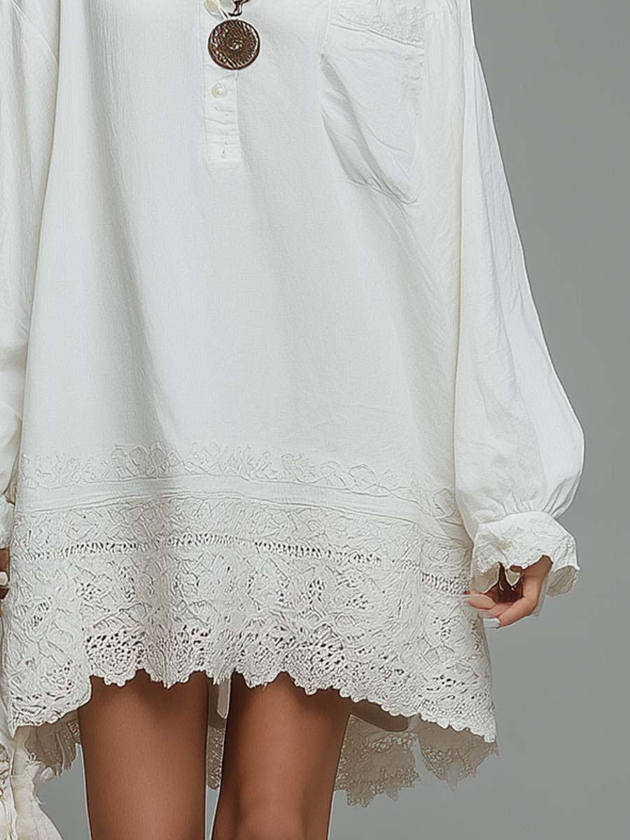 Retro Oversized Shirt Wide Lace Hem Mini Dress
