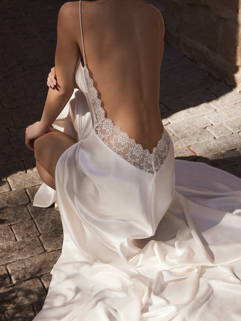 Spaghetti Strap V-Neck Lace Trim Open Back High Slit Satin Maxi Slip Dress