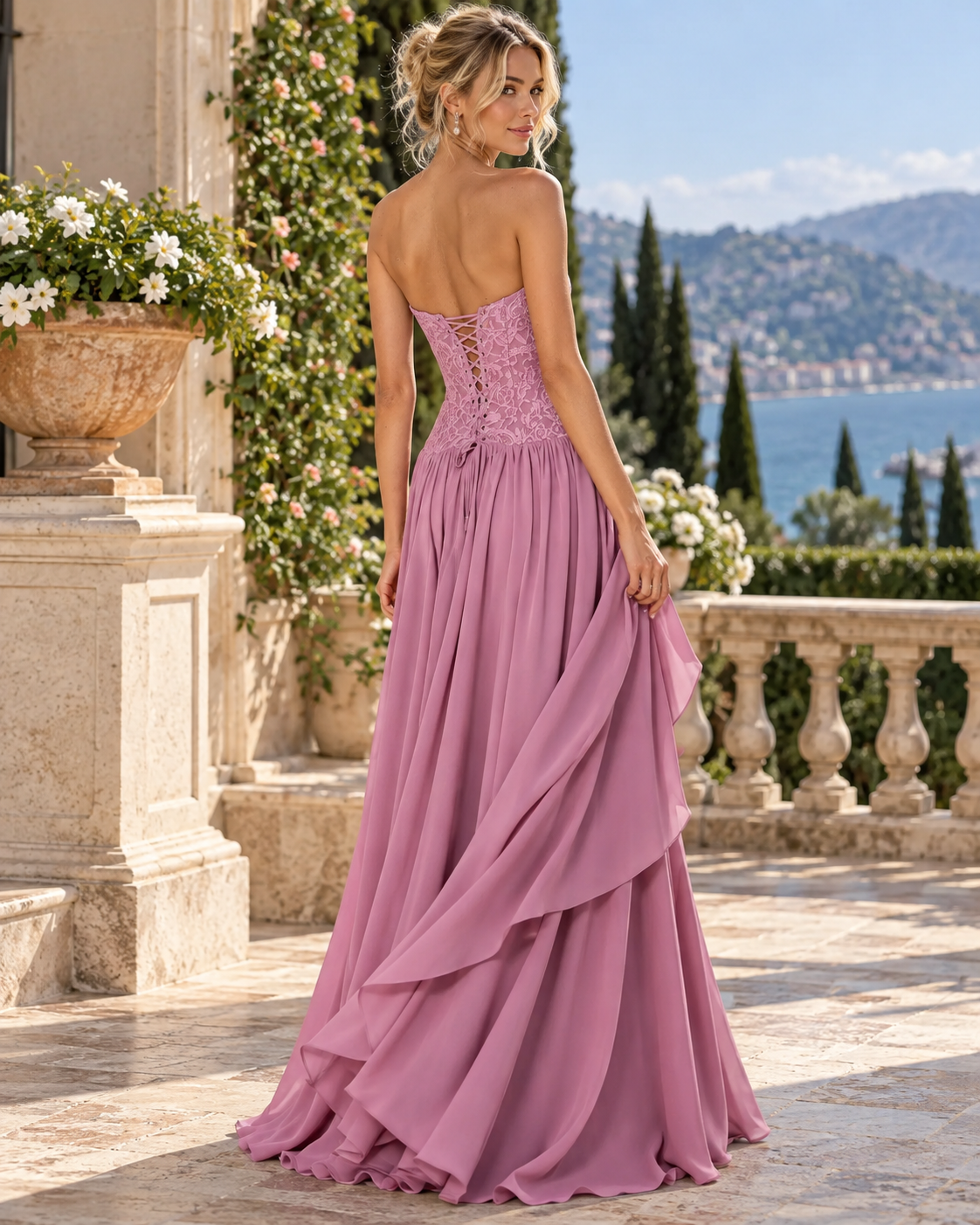 Pink Lace Corset High-Low Maxi Dress