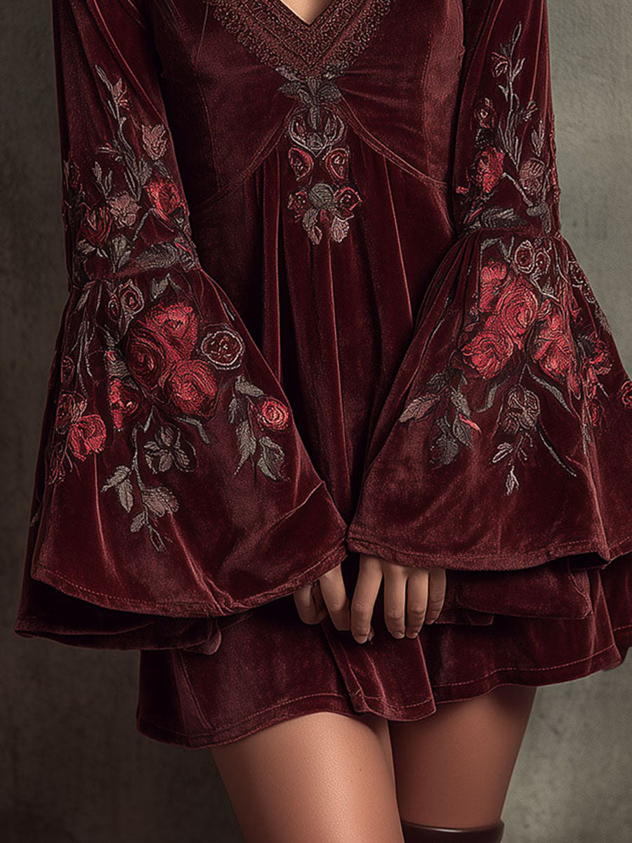 Boho Bell-Sleeve Burgundy Velvet Embroidered Mini Dress