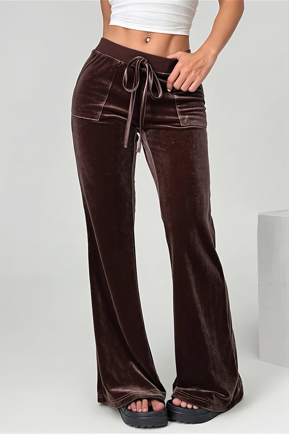 Velvet Look Drawstring Flared Pants