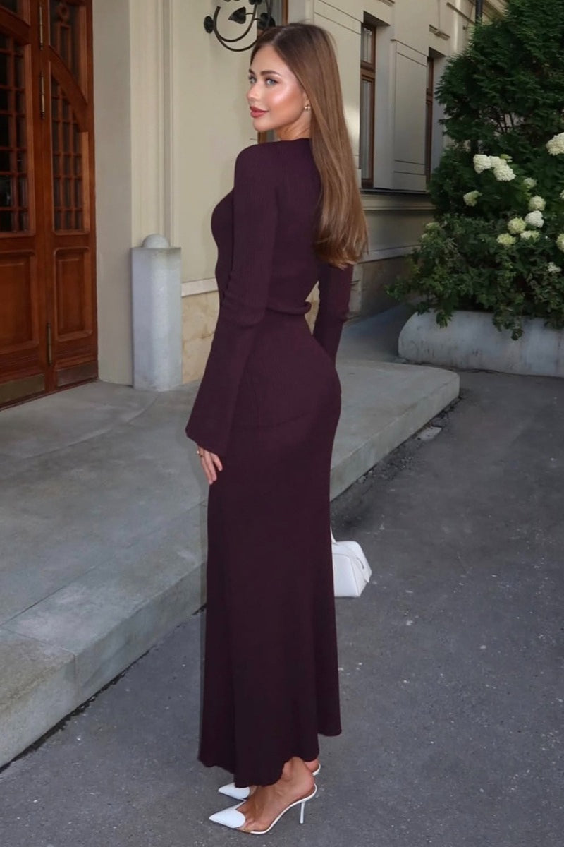 Ribbed V Neck Cardigan Maxi Skirt Set