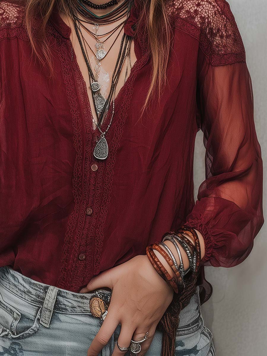 Retro Sheer Sleeves Lace Trim Chiffon Blouse