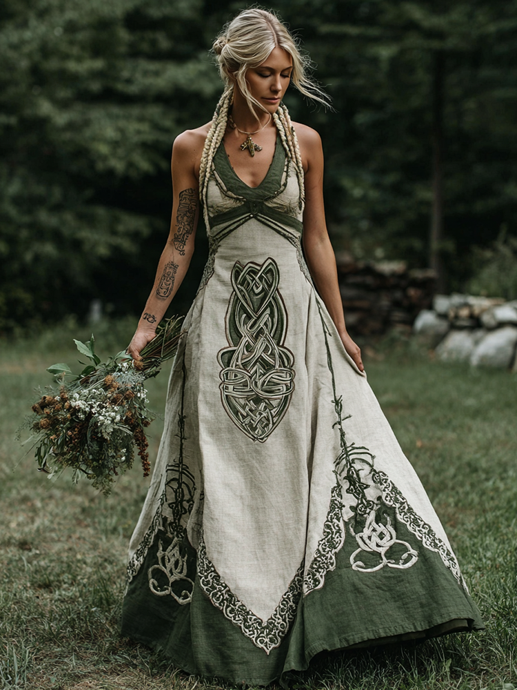 Women's Viking Celtic Art V-neck Sleeveless Maxi Dress