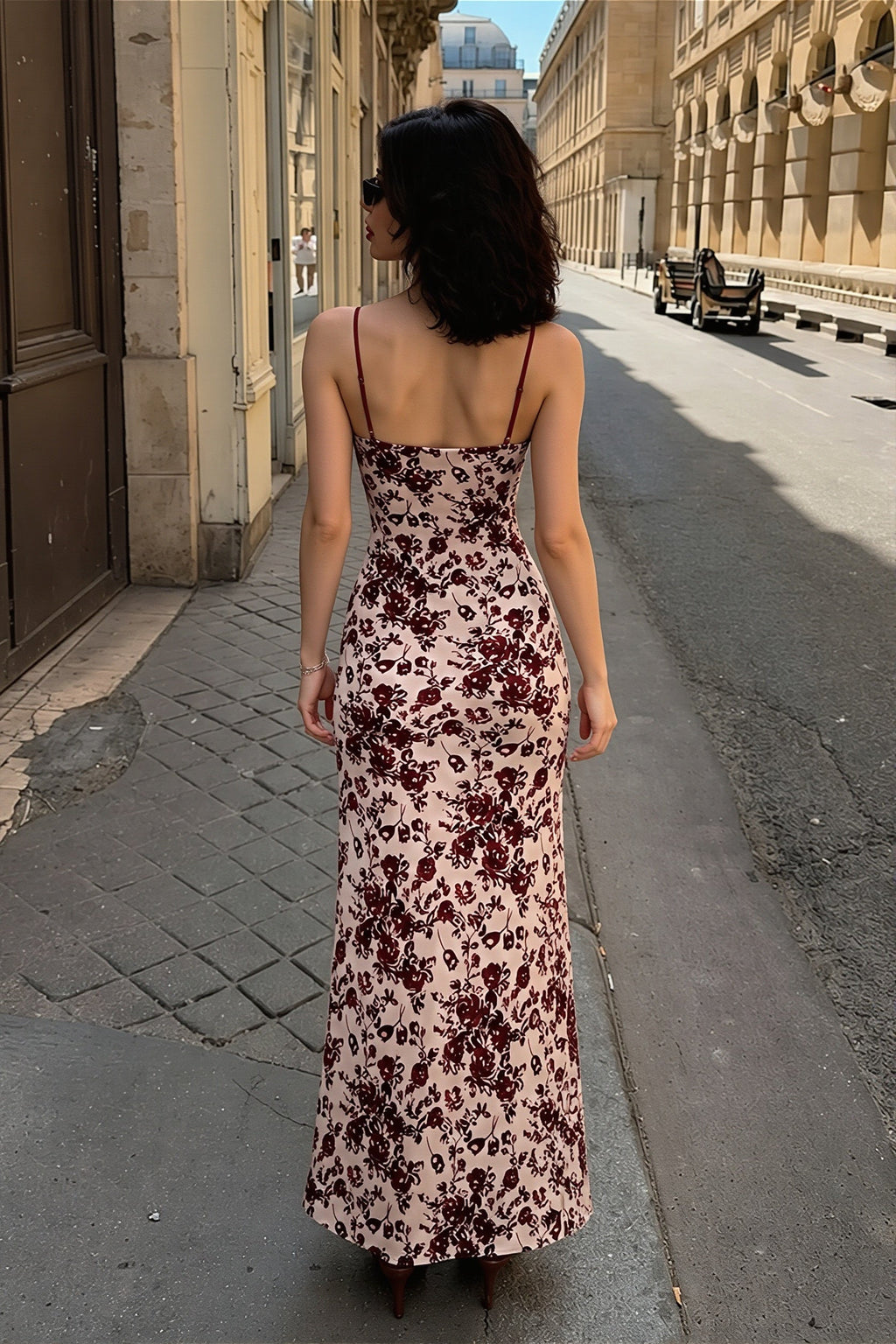 Brown Floral Lace Trim Cami Maxi Dress