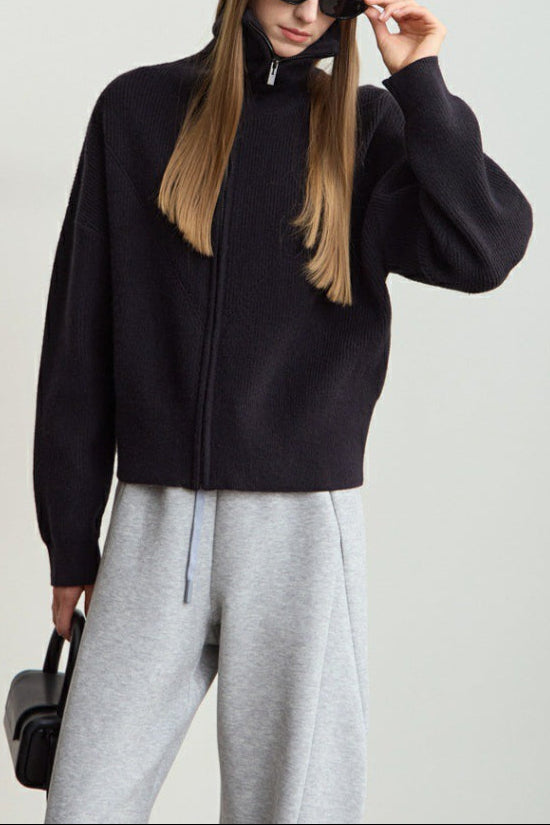 Naval-Collar Zip Lazy-Style Thick Knit Cardigan
