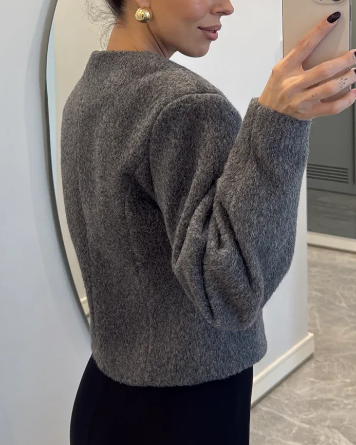 Gold Button Collarless Balloon Sleeve Cropped Knit Jacket