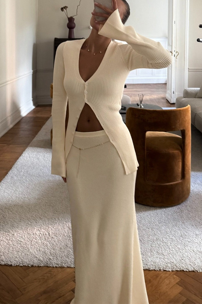 Ribbed V Neck Cardigan Maxi Skirt Set