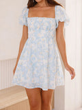 Square neck puff sleeves mini dress