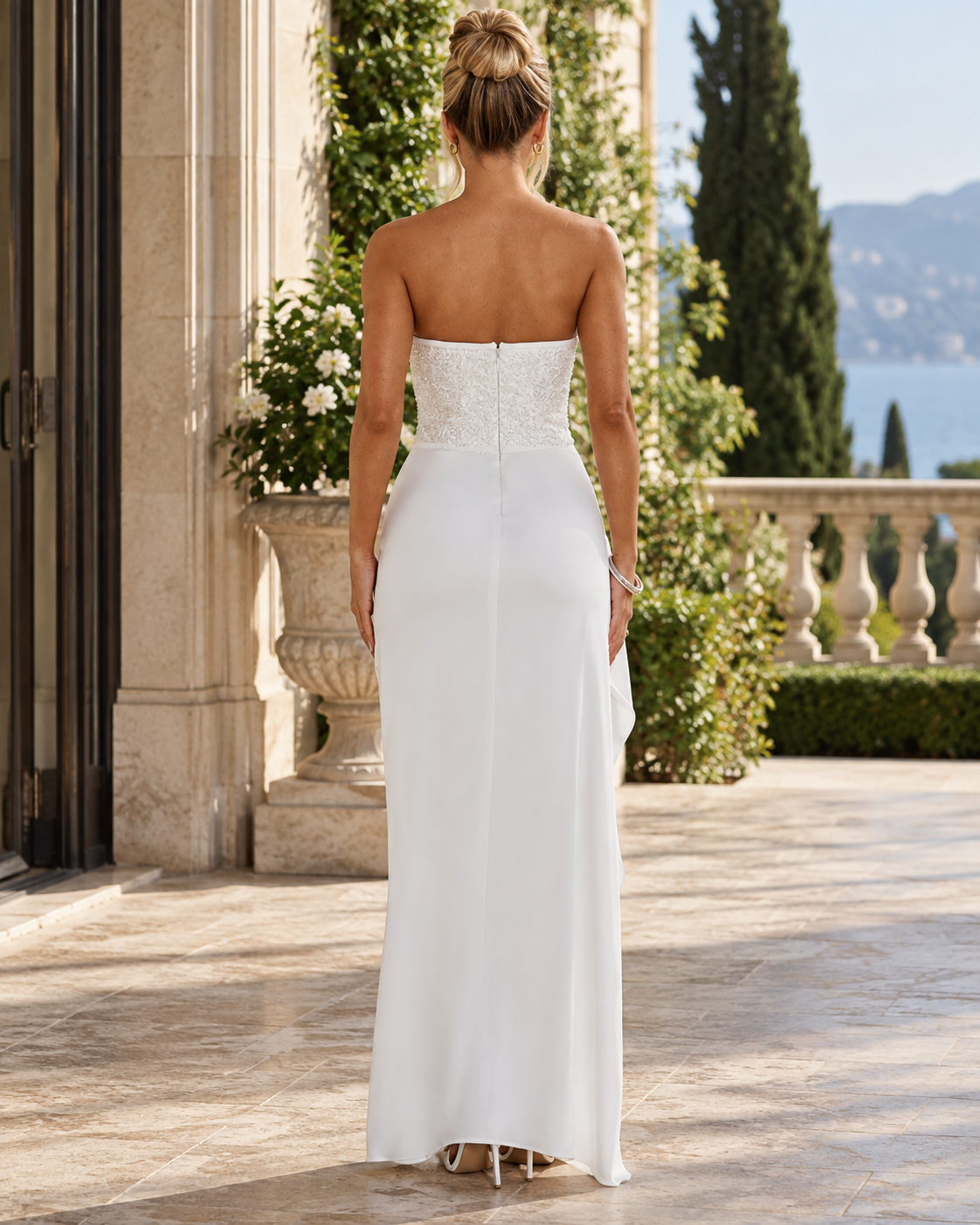 Embellished Strapless Draped High Slit Maxi Dress