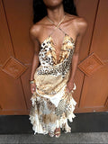 Vintage American Leopard Print Halter Backless Ruffle Mermaid Maxi Dress | Y2K Sexy Evening Gown