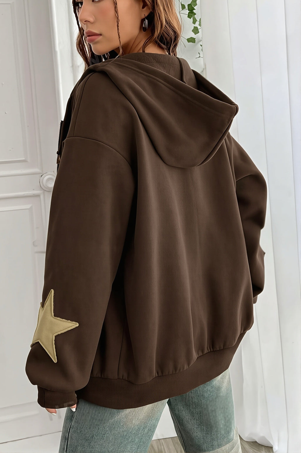 Star Contrast Oversize Zip Hoodie